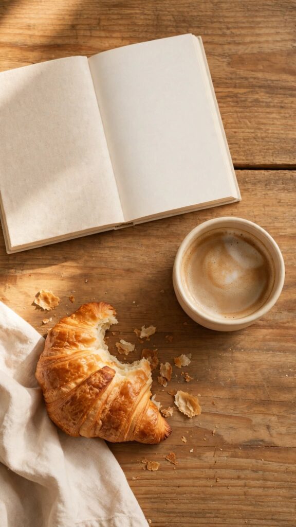 A slow weekend breakfast with coffee, a pastry, and an open book on a wooden table, representing enjoyment with no productive purpose attached.