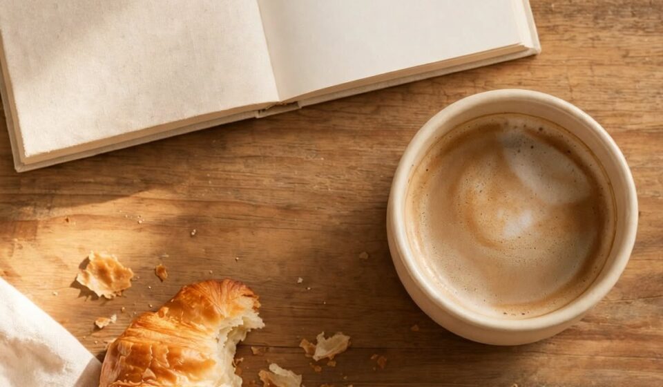 A slow weekend breakfast with coffee, a pastry, and an open book on a wooden table, representing enjoyment with no productive purpose attached.