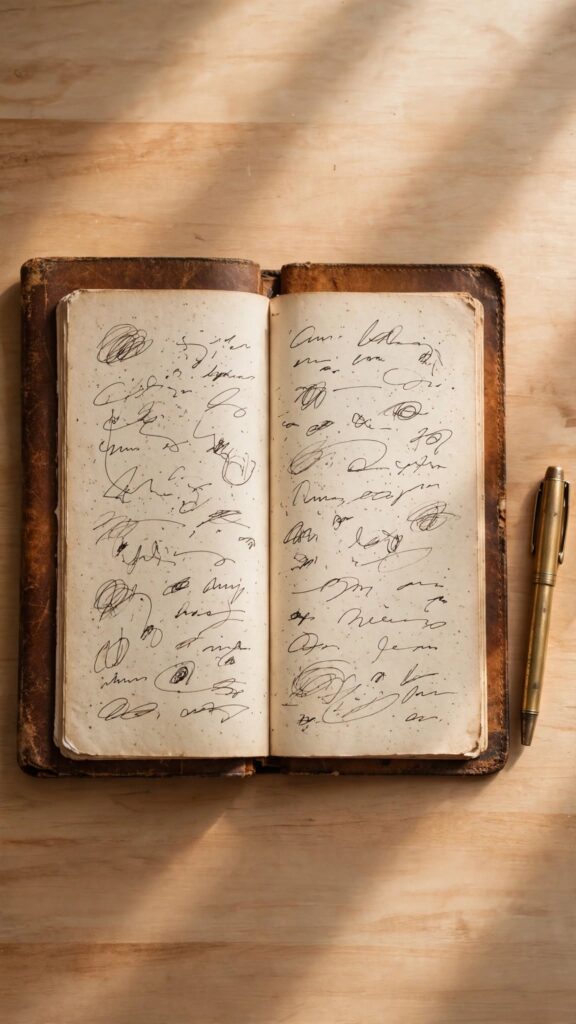 A worn journal open to a short handwritten entry beside a pen, representing an honest, ordinary prayer written down rather than abandoned.