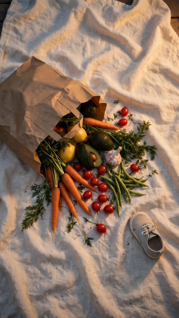 A grocery bag with produce spilling onto cream linen sits near a small child's shoe in warm evening light.