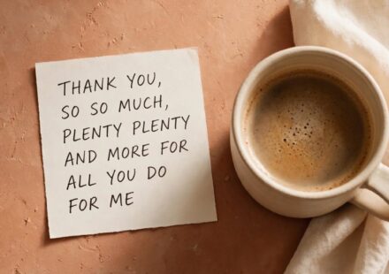 A small handwritten note on a kitchen counter beside coffee, representing a specific, spoken thank you planned ahead of time.