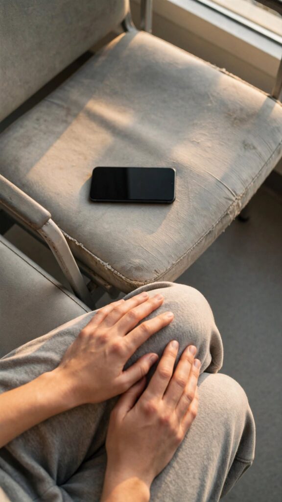 A phone face down on a waiting room chair beside a pair of open hands, representing letting go of control in the middle of a hard wait.