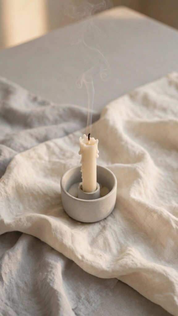 A birthday candle just blown out with smoke still rising, representing a good moment felt from a strange emotional distance.
