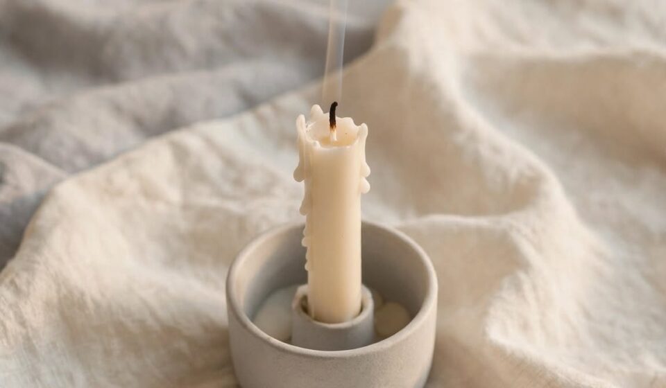 A birthday candle just blown out with smoke still rising, representing a good moment felt from a strange emotional distance.