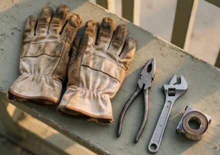 Worn work gloves set down on a porch railing beside untouched tools, representing a body forced to rest against its will.
