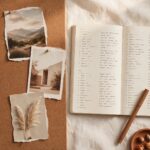 A vision board of loose clippings beside an open planner of small handwritten steps, representing the difference between wishing and faithful planning.