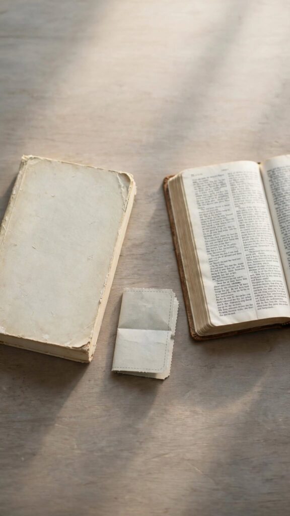 A worn paperback, a folded train ticket, and an open Bible on a wooden table, representing a man who read Stoic wisdom on his commute and found its limits.