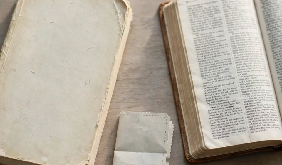 A worn paperback, a folded train ticket, and an open Bible on a wooden table, representing a man who read Stoic wisdom on his commute and found its limits.